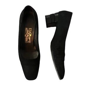 Salvatore Ferragamo Black Suede Block Heel Slip On Pump Low Heel …
